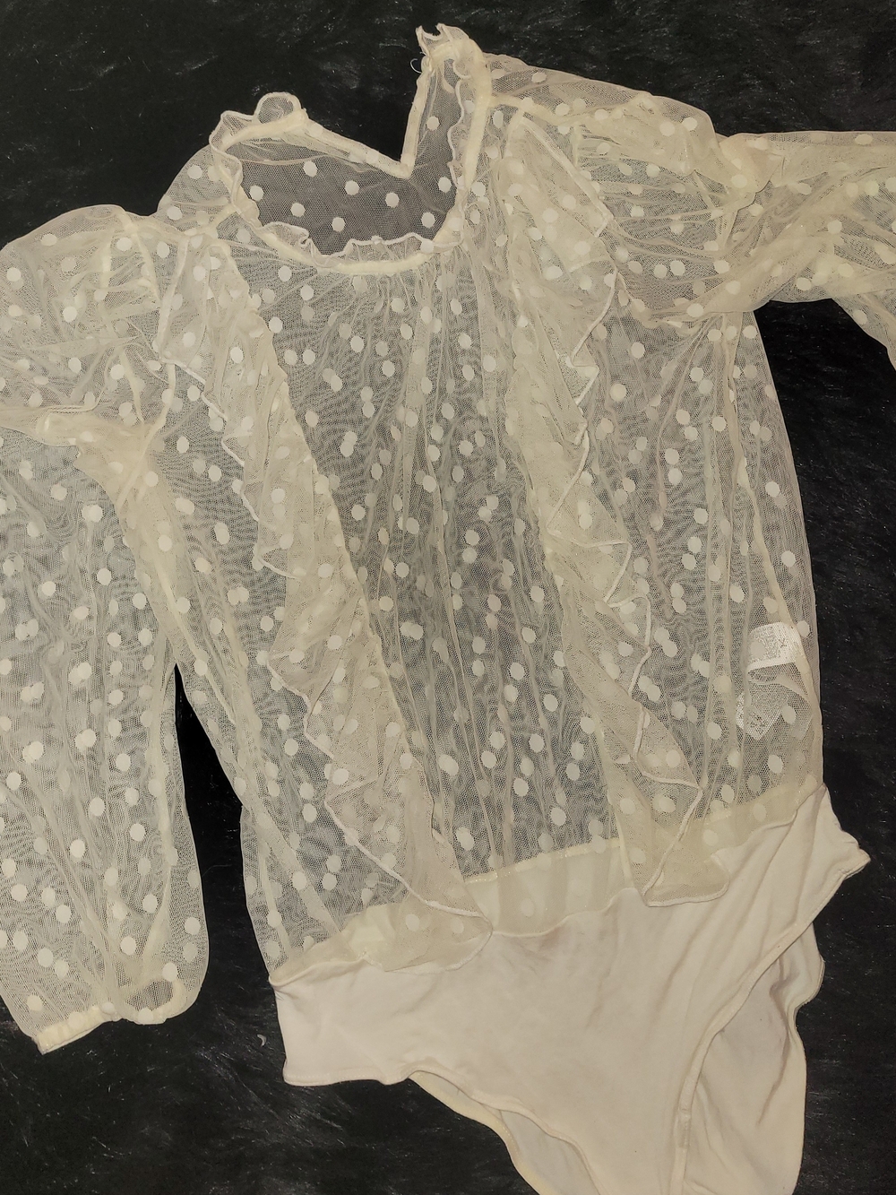 Forever 21 Ivory Sheer Polka Dot Ruffle Bodysuit